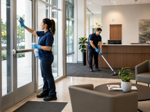 Cleaning the modern lobby space