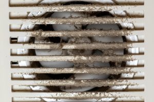 Dirty and dusty exhaust fan propeller and grill