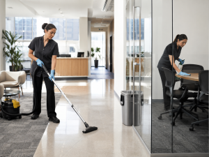 Modern office lobby cleaning in progress