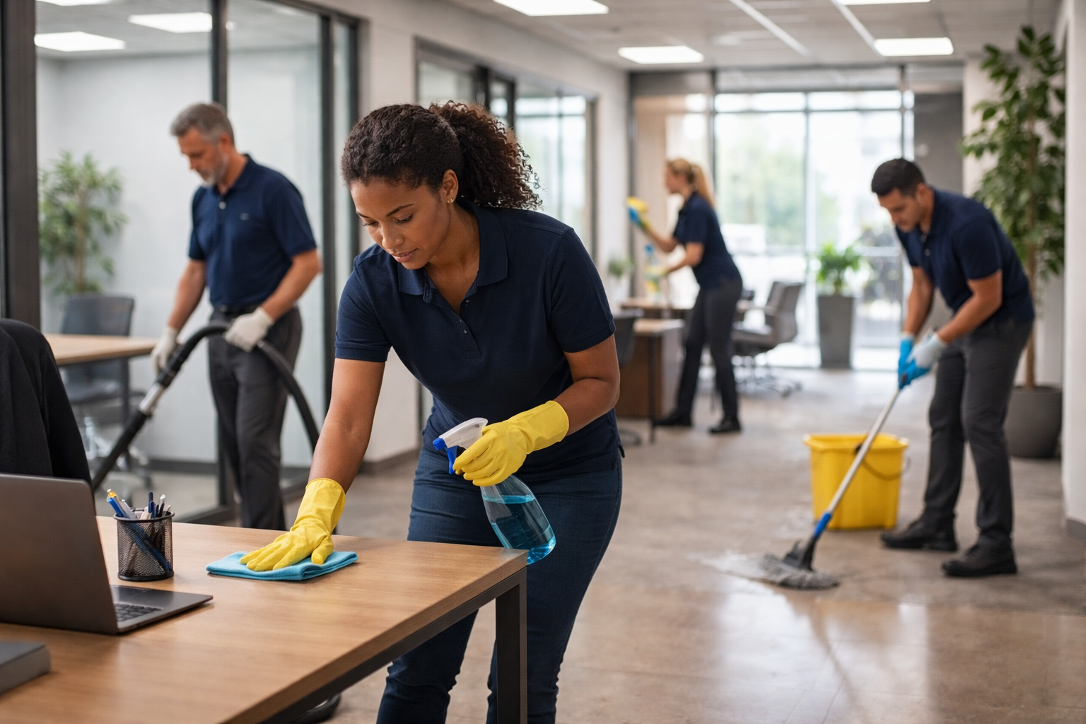 Office cleaners at work in harmony