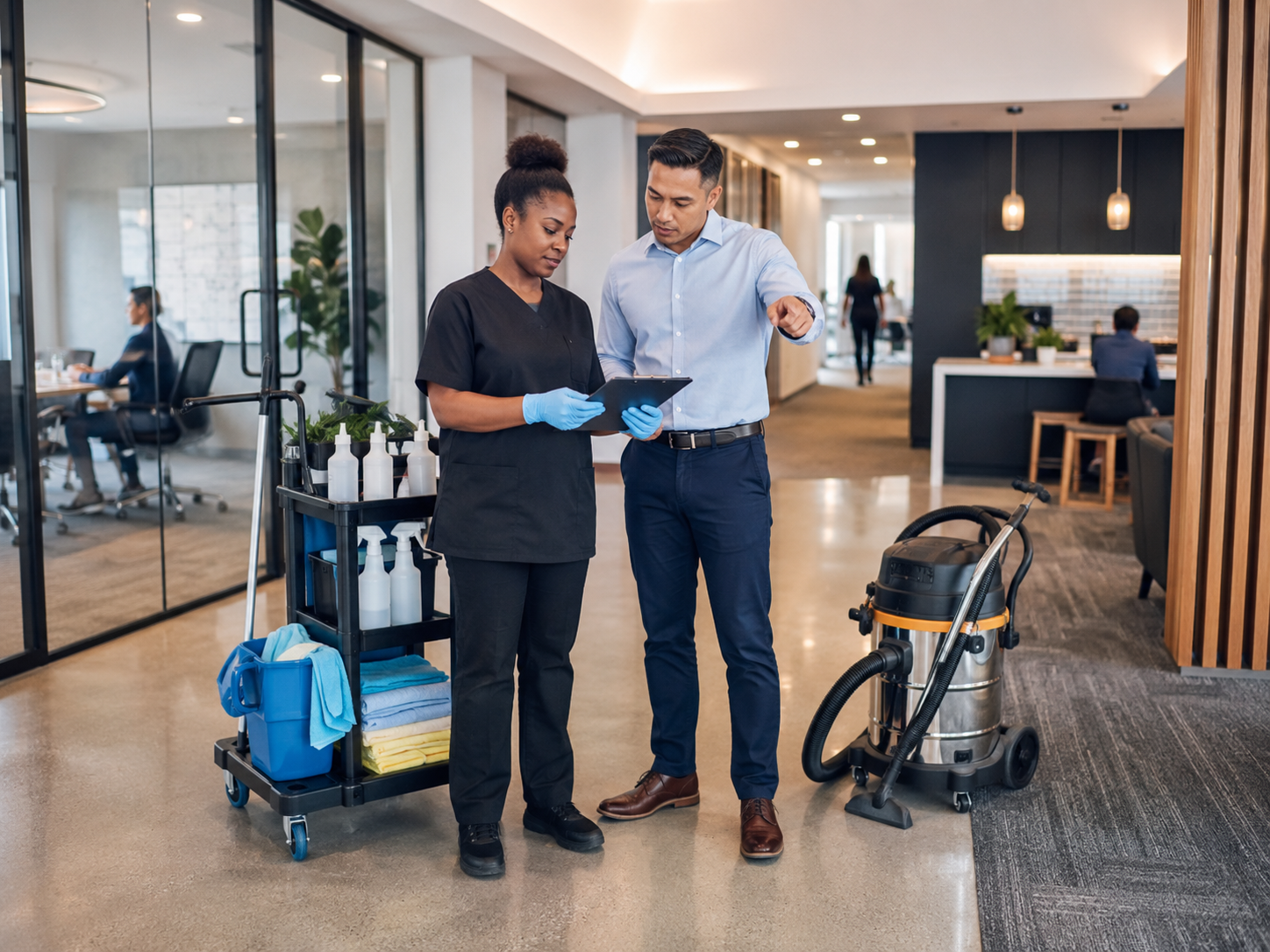 Office cleaning discussion in modern workspace