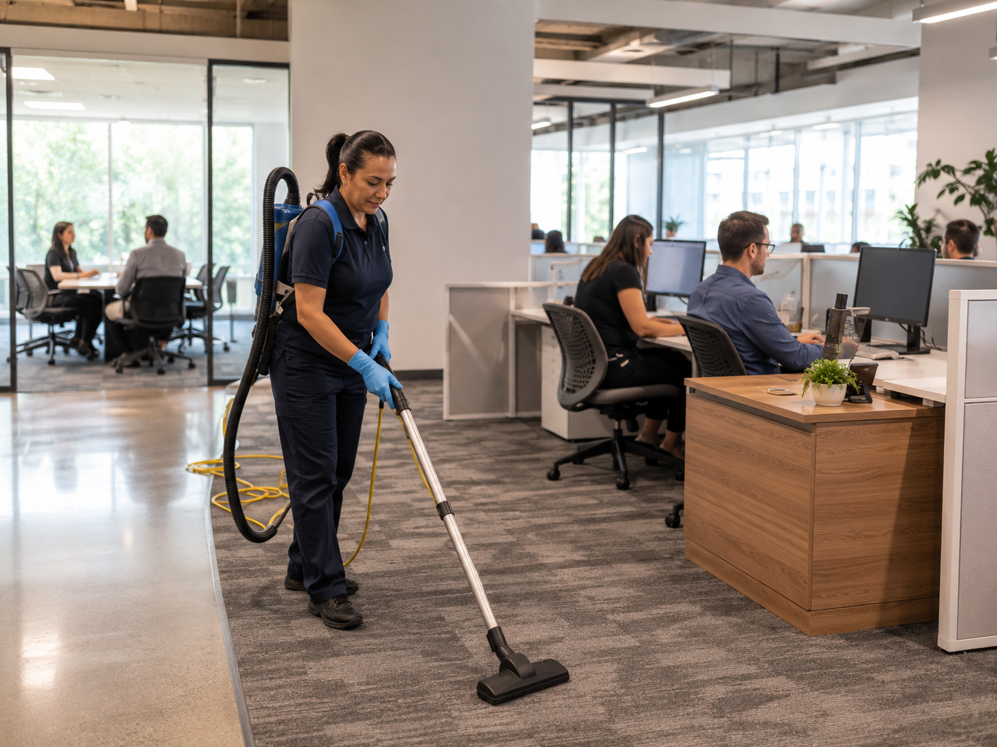 Office cleaning in action during workday