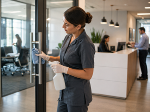 Office cleaning in bright workspace