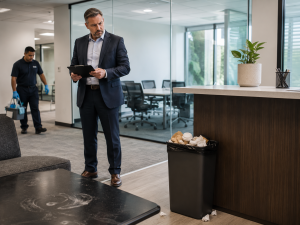 Office inspection with a cleaner in action