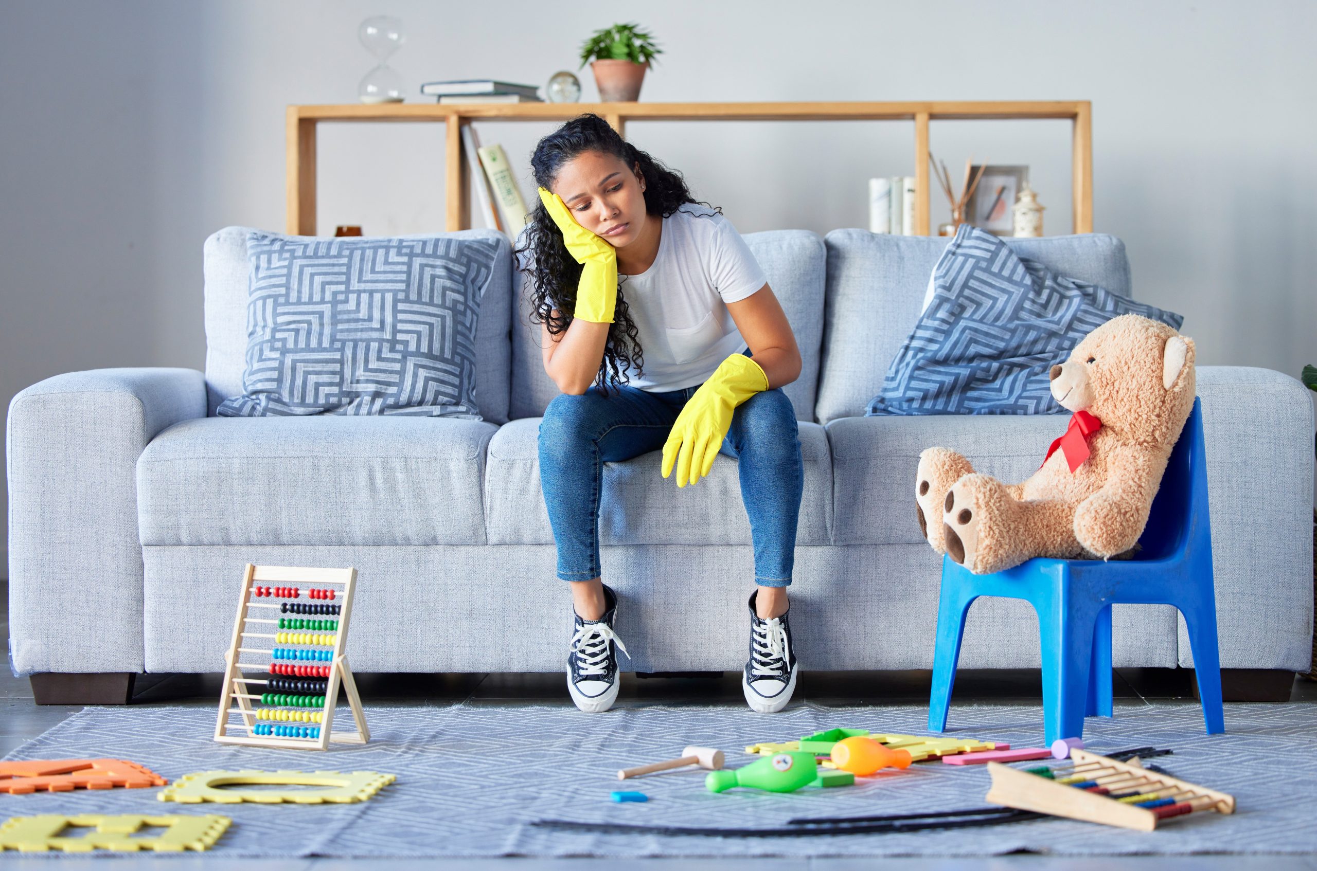 Tired,,Cleaning,And,Black,Woman,In,Living,Room,With,Chaos