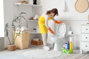 Young,Woman,Cleaning,Toilet,Bowl,In,Modern,Bathroom