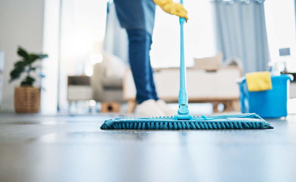 Housekeeping,,Cleaning,And,Woman,Maid,With,A,Mop,To,Clean